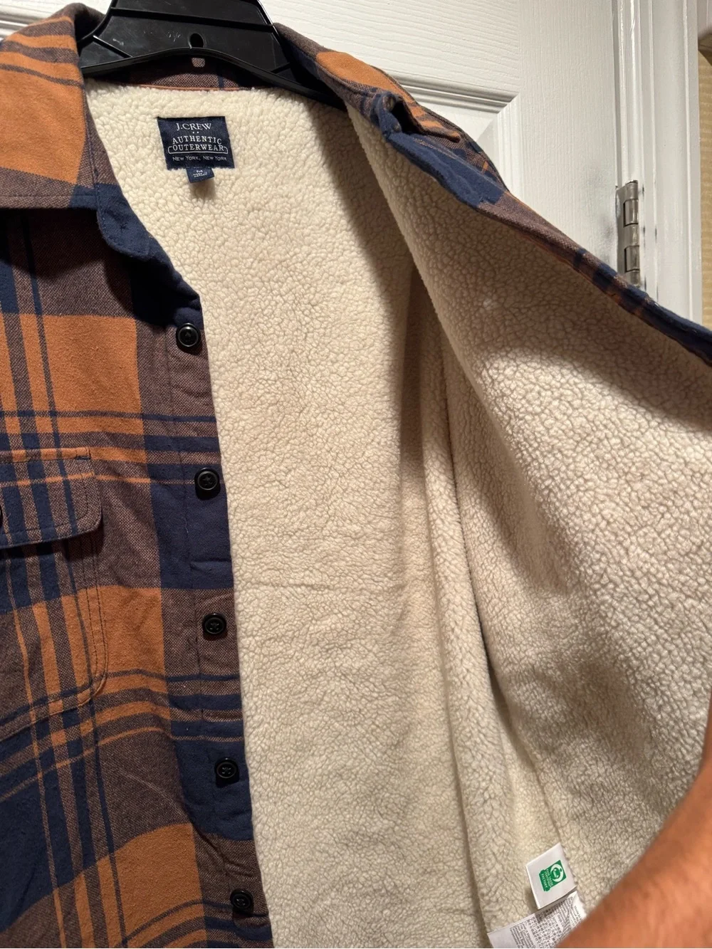 J. Crew Orange & Navy Plaid Sherpa-Lined Shirt Jacket